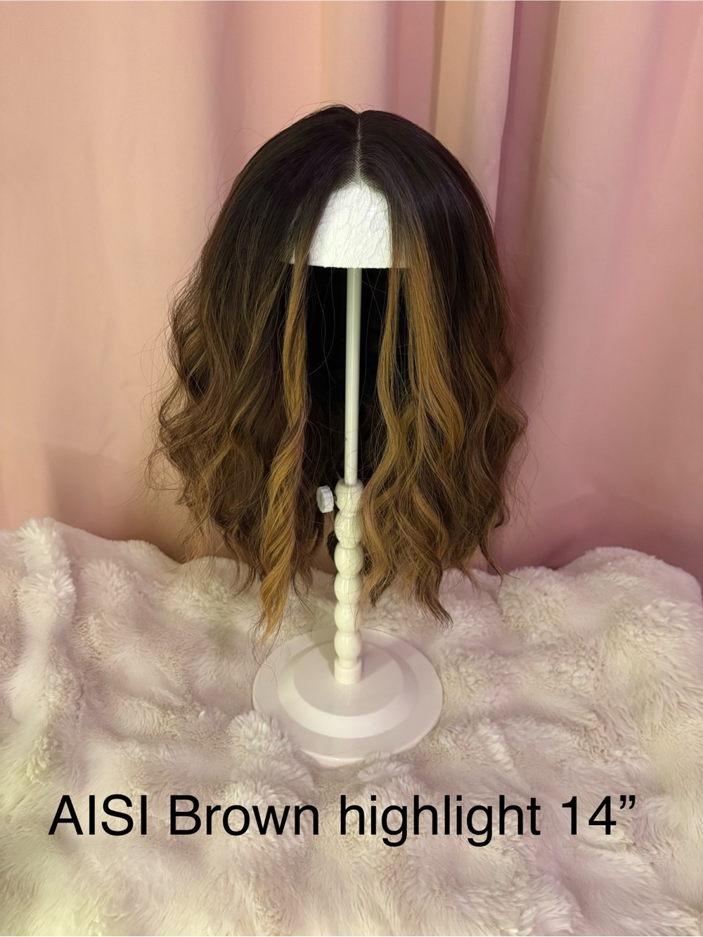 AISI synthetic lace front wig 14” dark brown with caramel highlight wavy lob